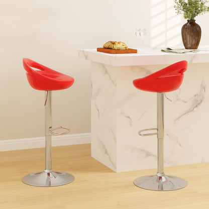 Set of 2 Swivel Bar Stools with Footrest, Adjustable Height, Steel Base, ABS Seat, Red