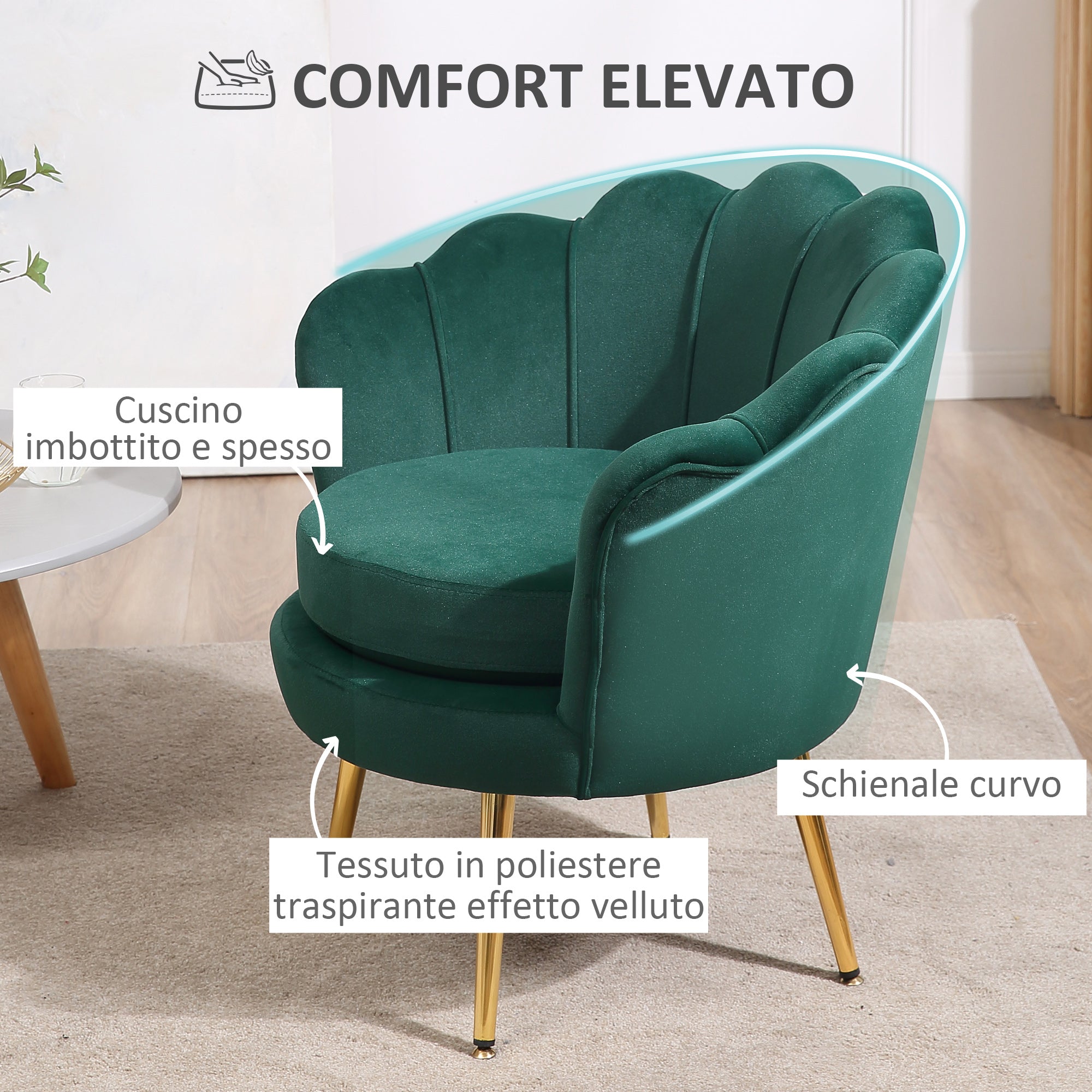 Vintage Design Velvet Armchair, High Back Bedroom Chair 76x67x74cm, Green