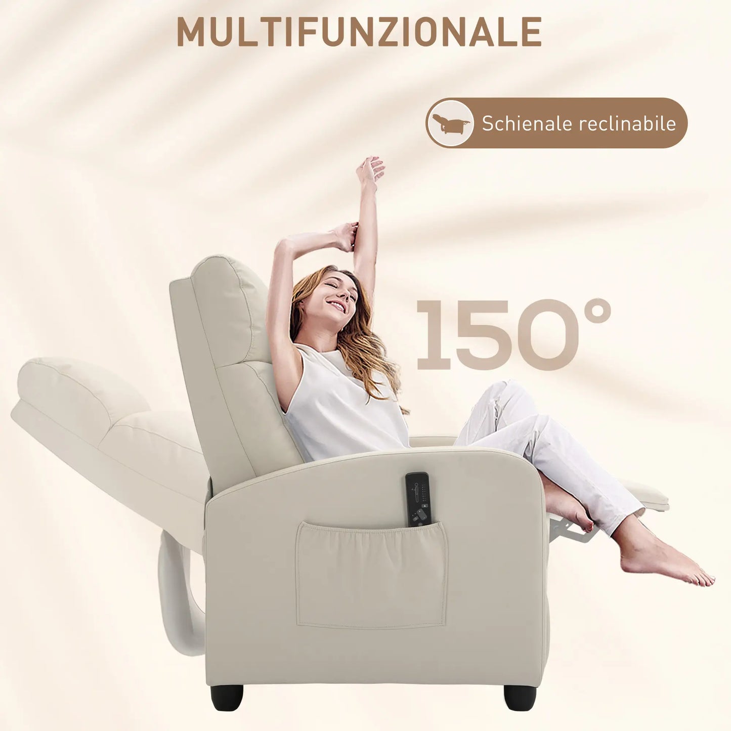 Massage Relax Chair with Remote Control and 8 Programs, Reclining and Footrest, 68x88x98cm, Cream