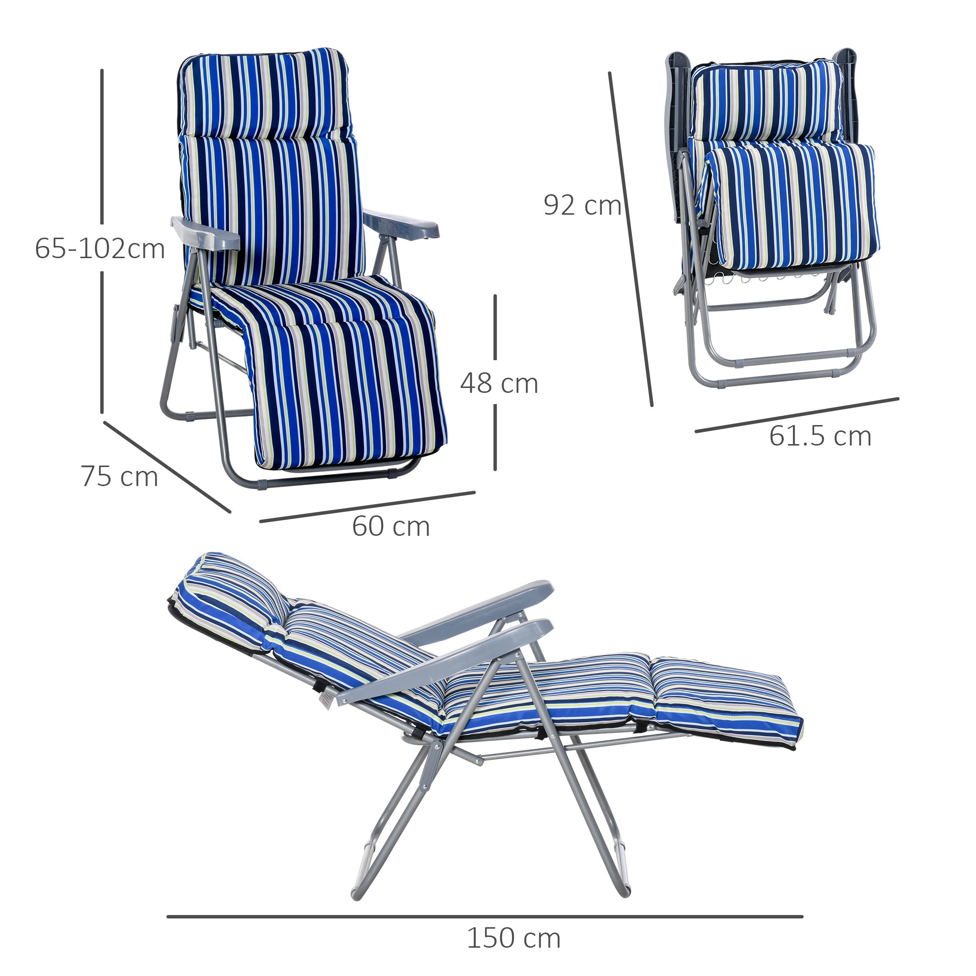 Outsunny Set of 2 Folding Deck Chairs with 5-Level Adjustable Backrest, Steel and Polyester, 60x75x102 cm, Blue and Cream