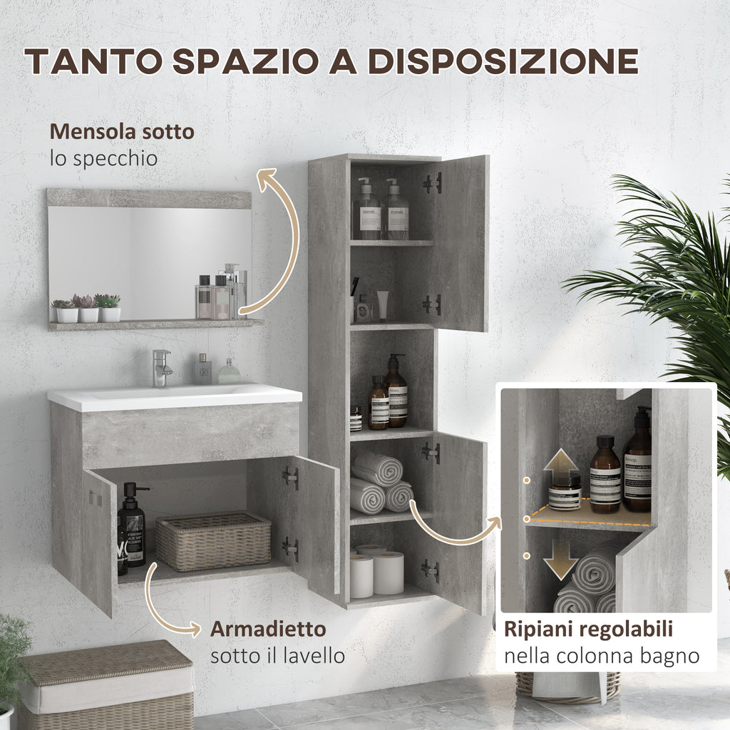 Kleankin 4 Piece Bathroom Furniture Set with 60cm Sink, Cabinet, Bathroom Column and Wooden Mirror, Grey - Borgè