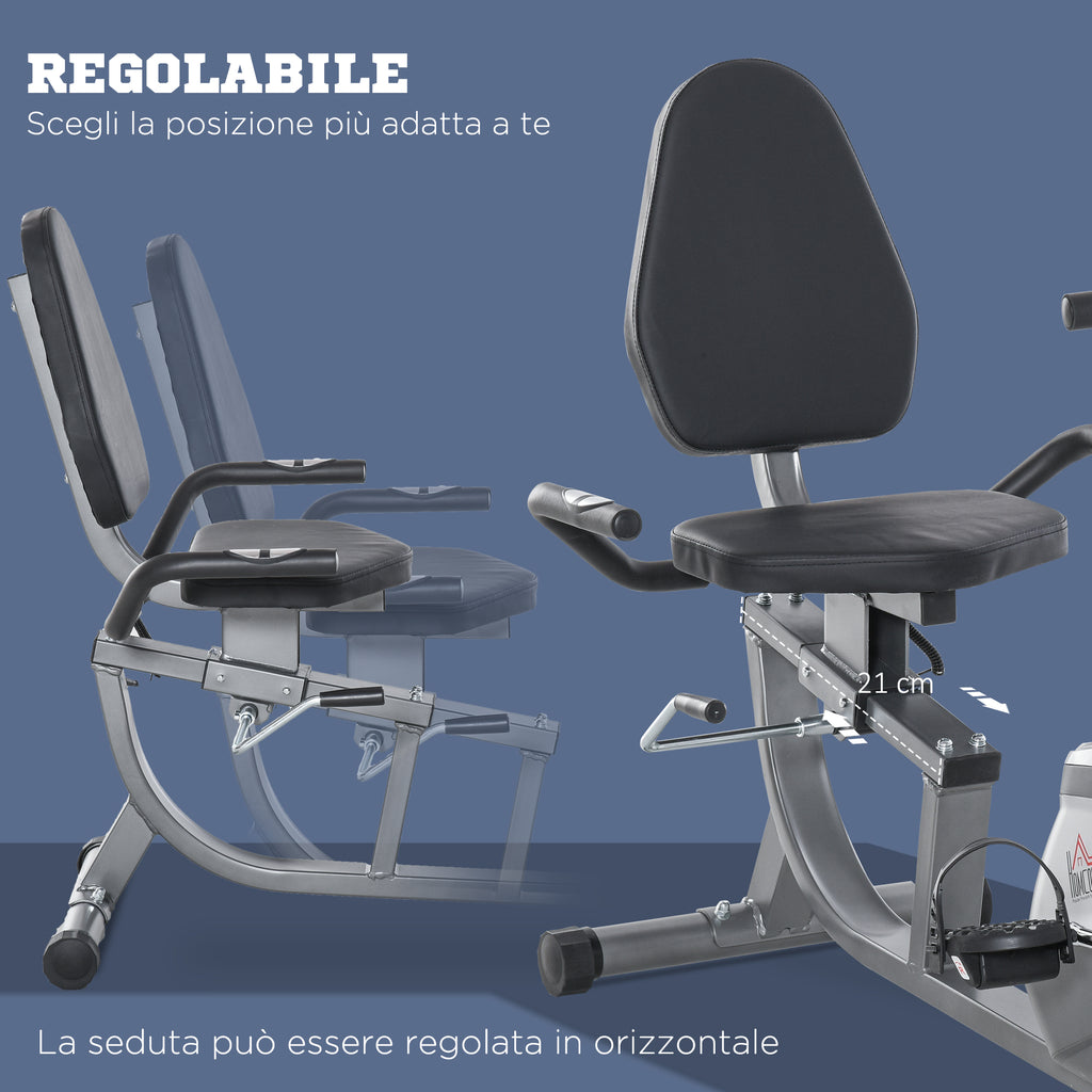 Recumbent Exercise Bike with Adjustable Seat, 8 Resistance Levels and LCD Monitor, 121.5-136x62.5x98cm, Grey