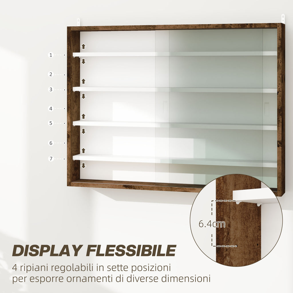 4-Tier Adjustable Display Cabinet, Wall-Mounted Glass and Wood Display Case, 80x9.5x60 cm, Brown