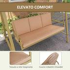 3-Seater Swing with Tilting Canopy and Cushions, in Steel and Textilene, 200x125x175 cm, Beige and Brown