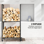 Outsunny Two-Tier Indoor and Outdoor Log Rack with Reinforced Steel Wheels, 60x30x119 cm, Black