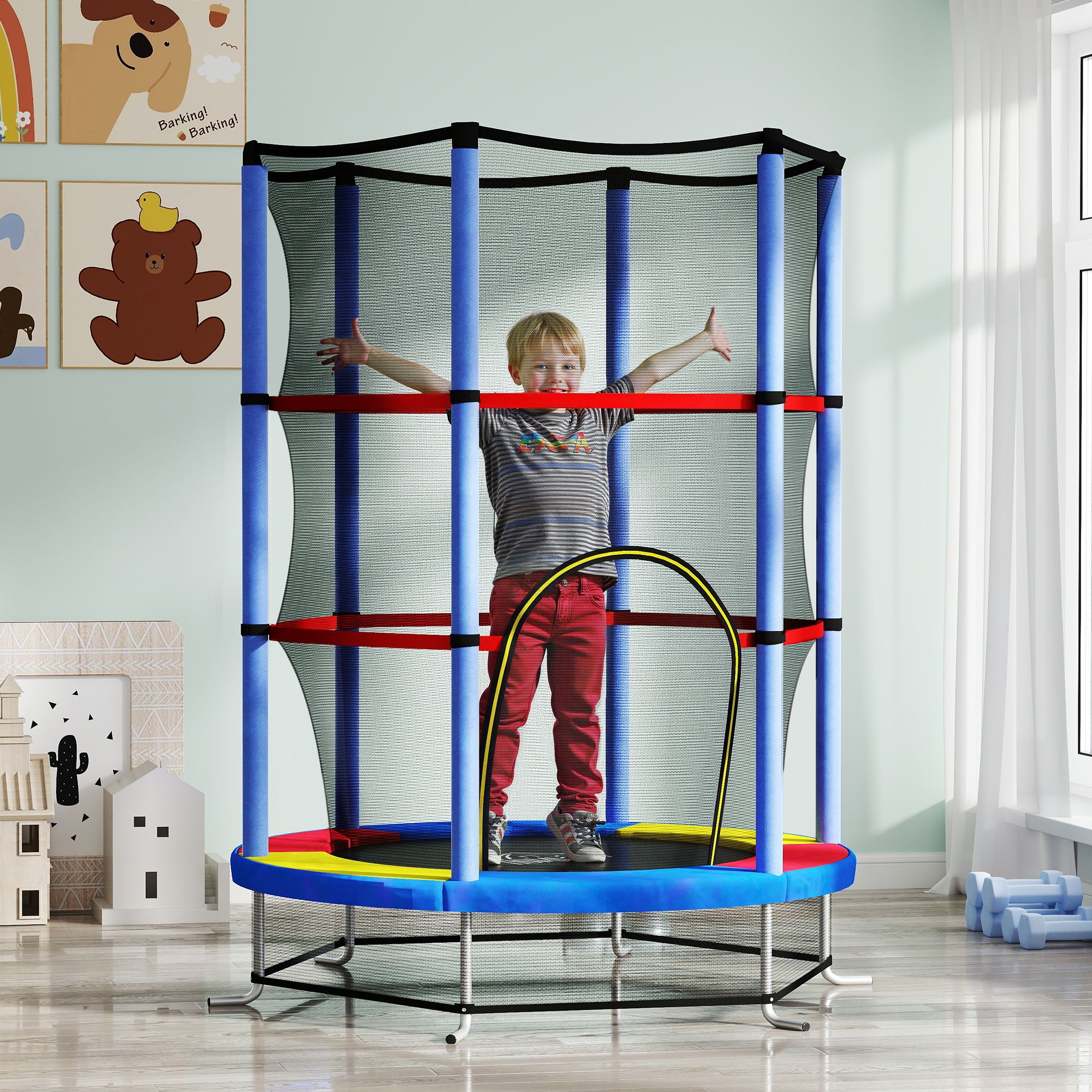 Trampoline for Children 3-6 Years with Safety Net, 6 Columns and 3 Entrances, Ø140x190 cm, Multicolor