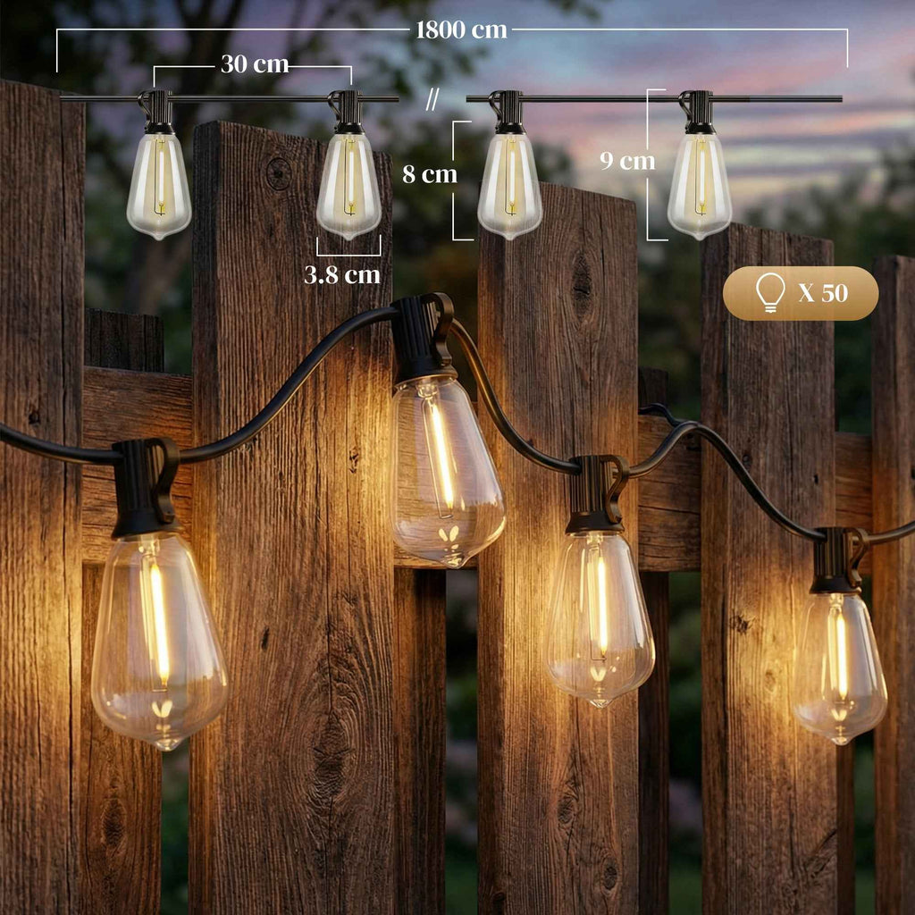 HOMCOM Outdoor String Lights with 50 LED Lights IP44, in PET and Plastic, 1800x3.8x9 cm, Black and Transparent