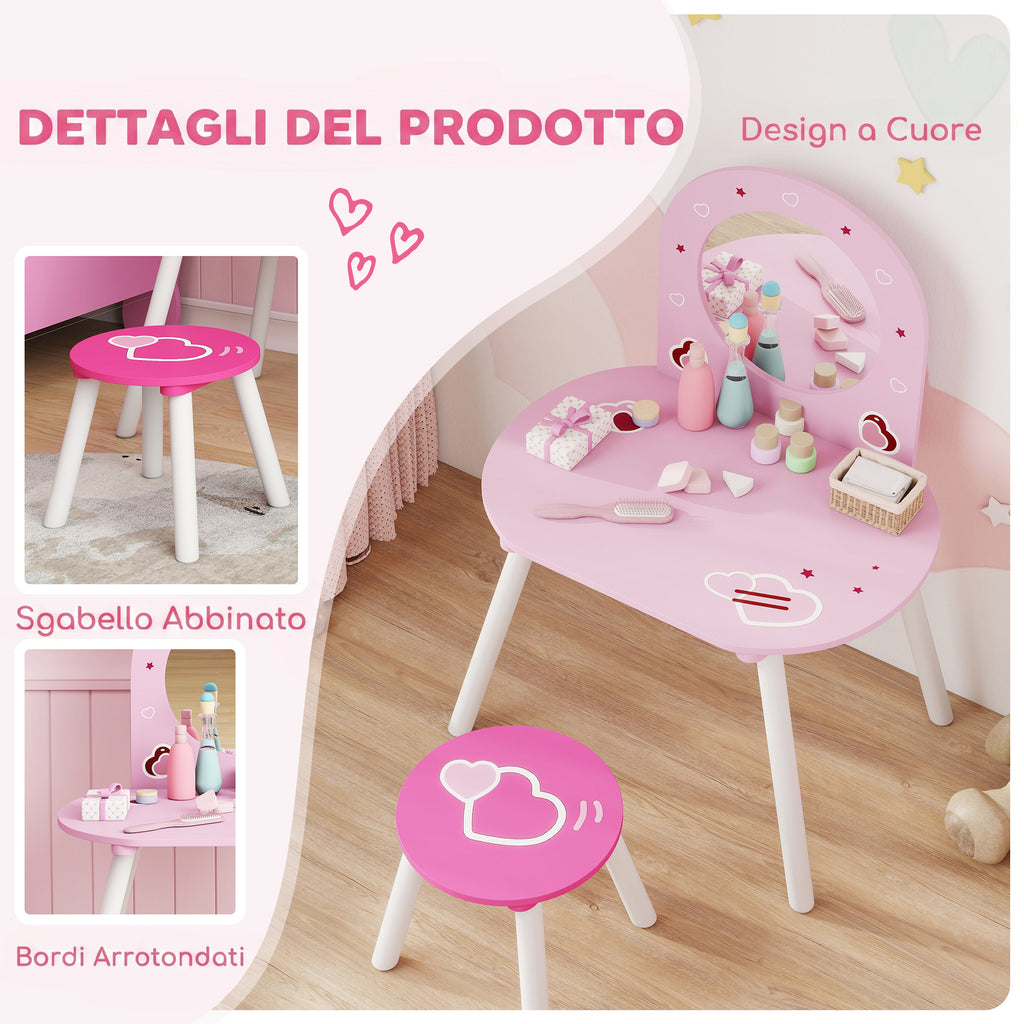 AIYAPLAY Girls' Makeup Vanity Set with Stool, Shatterproof Mirror, Heart Design, Pink