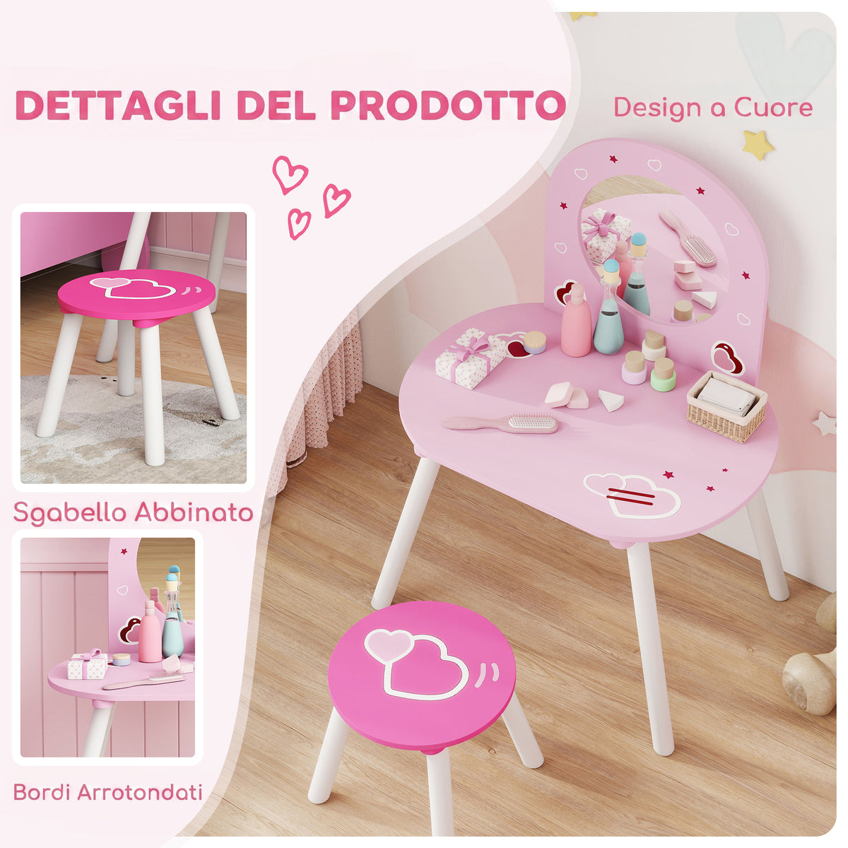 AIYAPLAY Girls' Makeup Vanity Set with Stool, Shatterproof Mirror, Heart Design, Pink