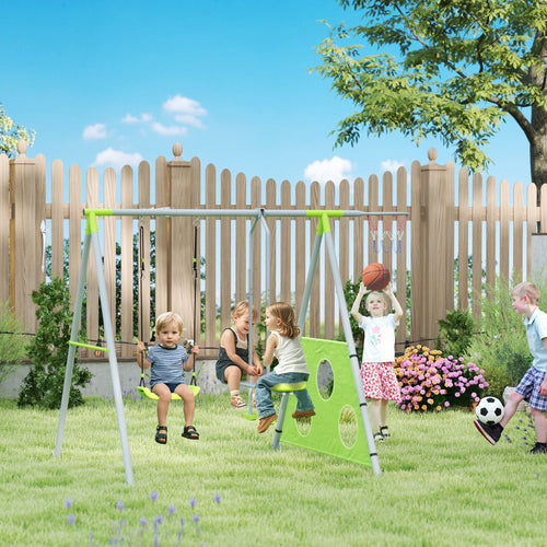 4 in 1 Children's Play Set with 2 Garden Swings, Basketball Hoop and Football Goal, 215x180x182 cm, Green and Grey