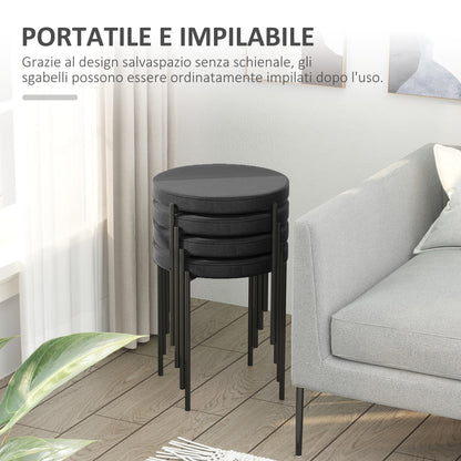 Set of 4 Low Round Stools in Metal and Velvet Effect Fabric, 41.5x41.5x46 cm, Black