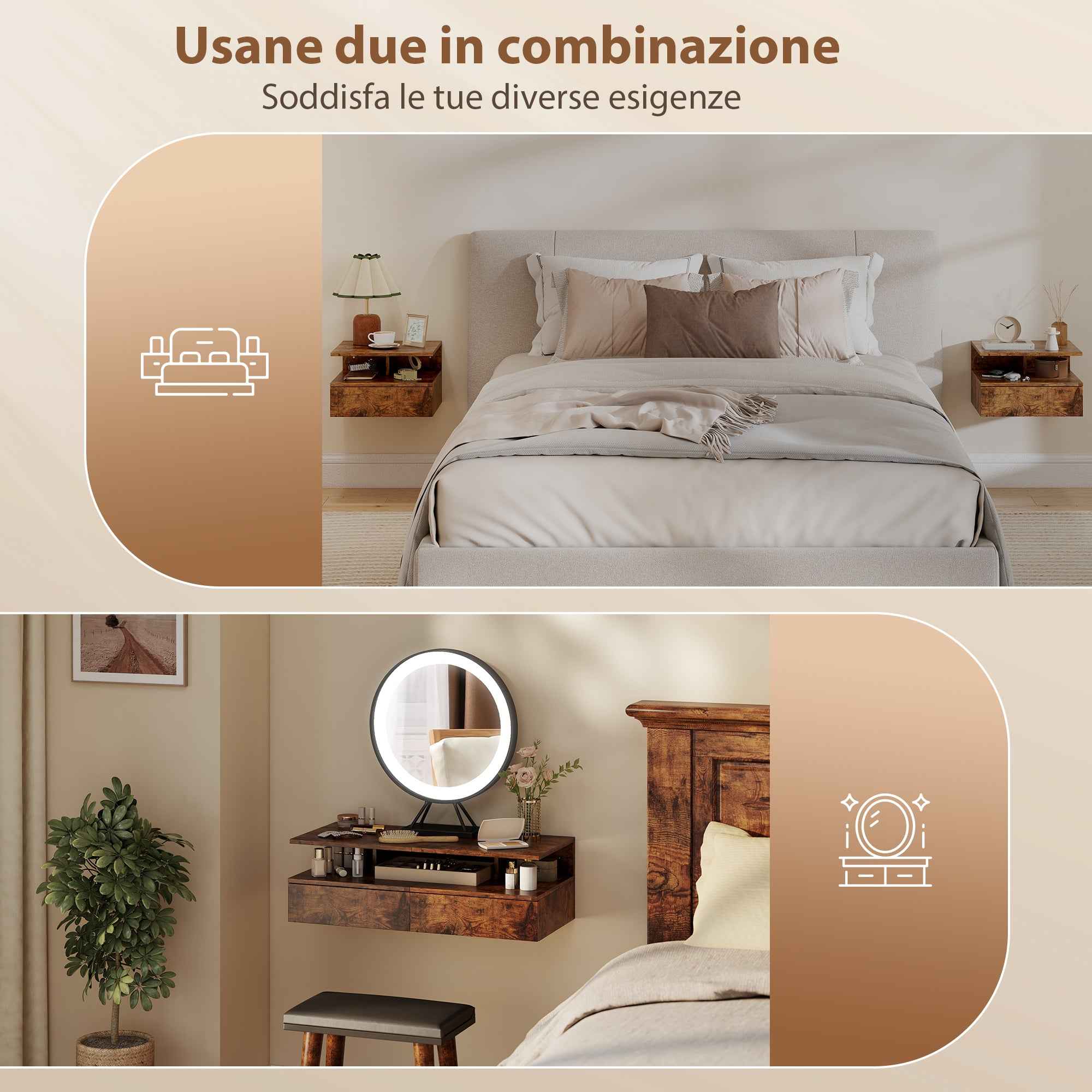HOMCOM Set of 2 Floating Nightstands with Drawer and Open Shelf, 35x32x22.5 cm, Rustic Brown