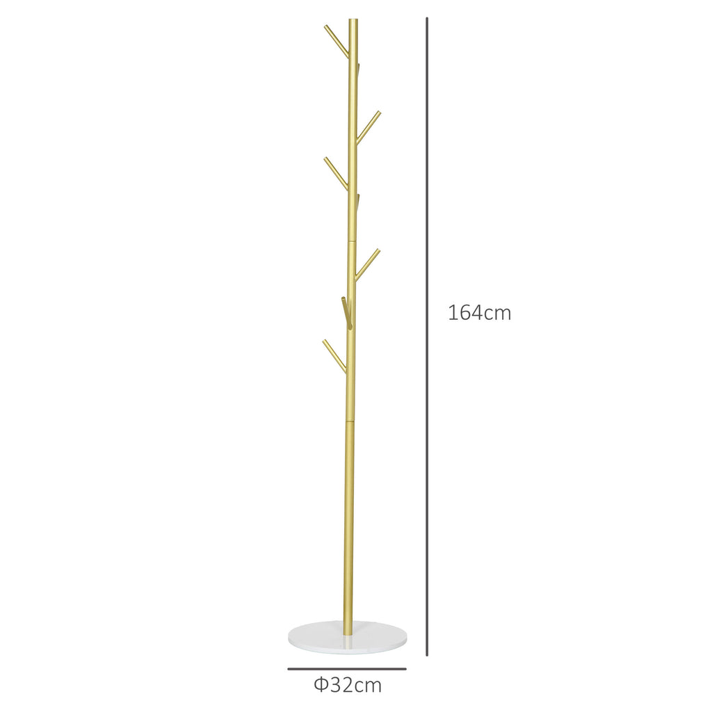Freestanding Coat Rack with 8 Hooks, Marble and Steel Base, Ø32x164cm, Gold