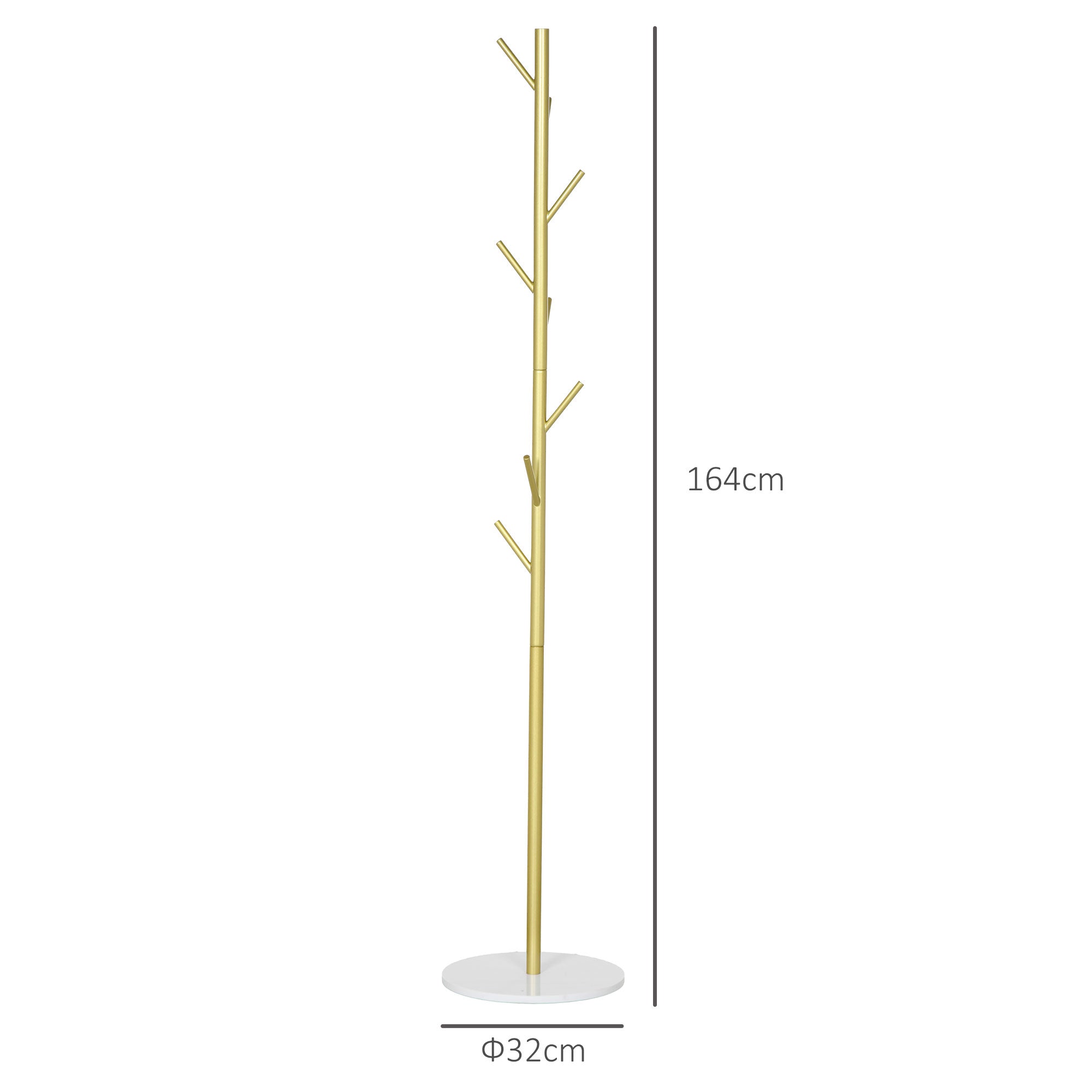 Freestanding Coat Rack with 8 Hooks, Marble and Steel Base, Ø32x164cm, Gold