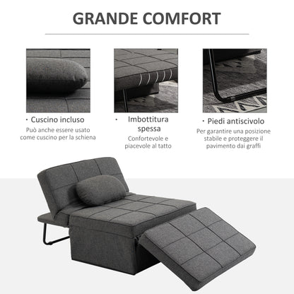 Sofa Bed 3 in 1 with Adjustable Backrest and Cushion, in Linen Effect Fabric, 95x179x78 cm, Grey