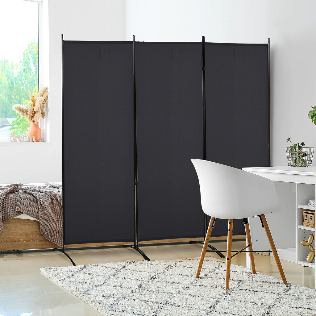 3-Panel Folding Metal and Polyester Room Divider, 253 x 50 x 182 cm, Black