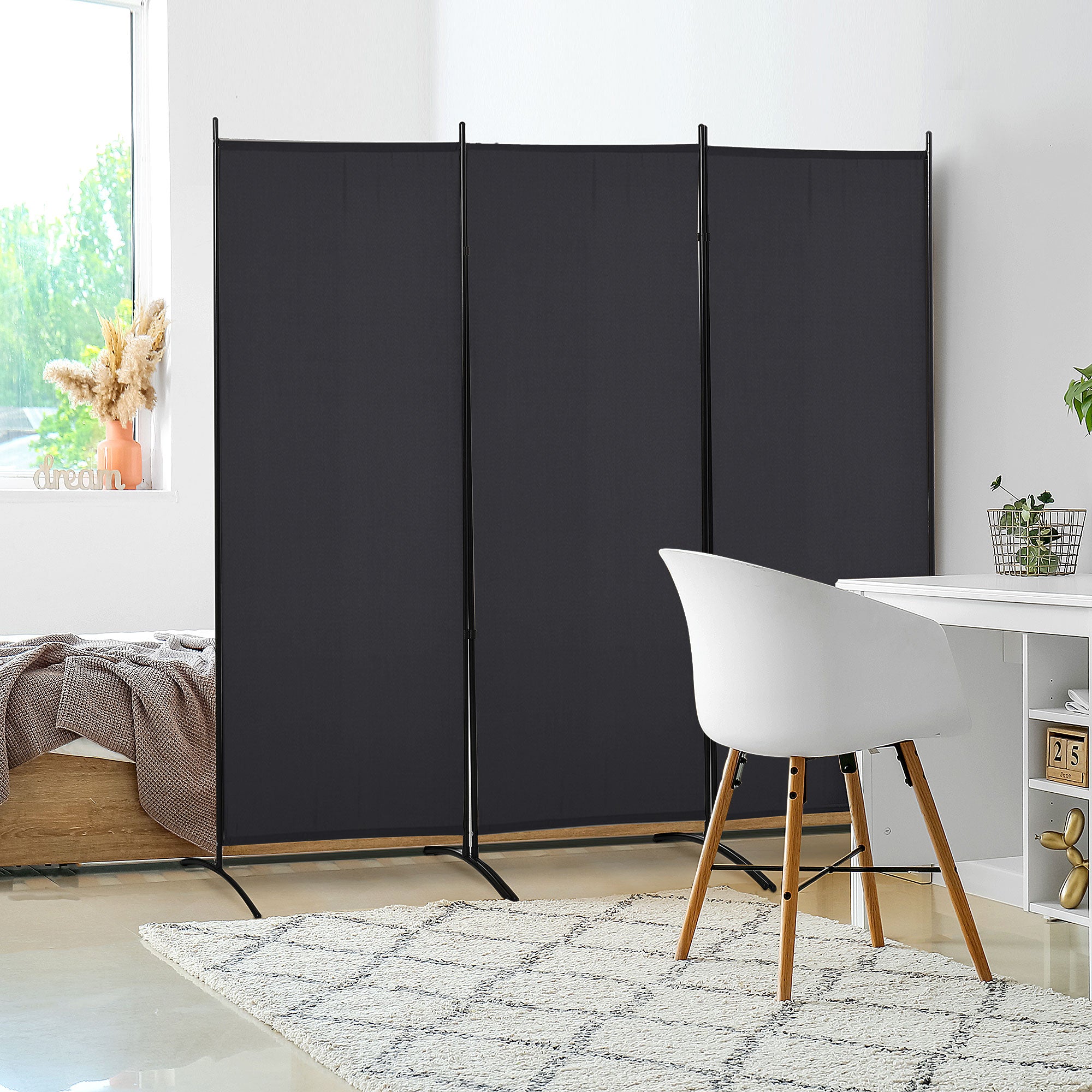 3-Panel Folding Metal and Polyester Room Divider, 253 x 50 x 182 cm, Black