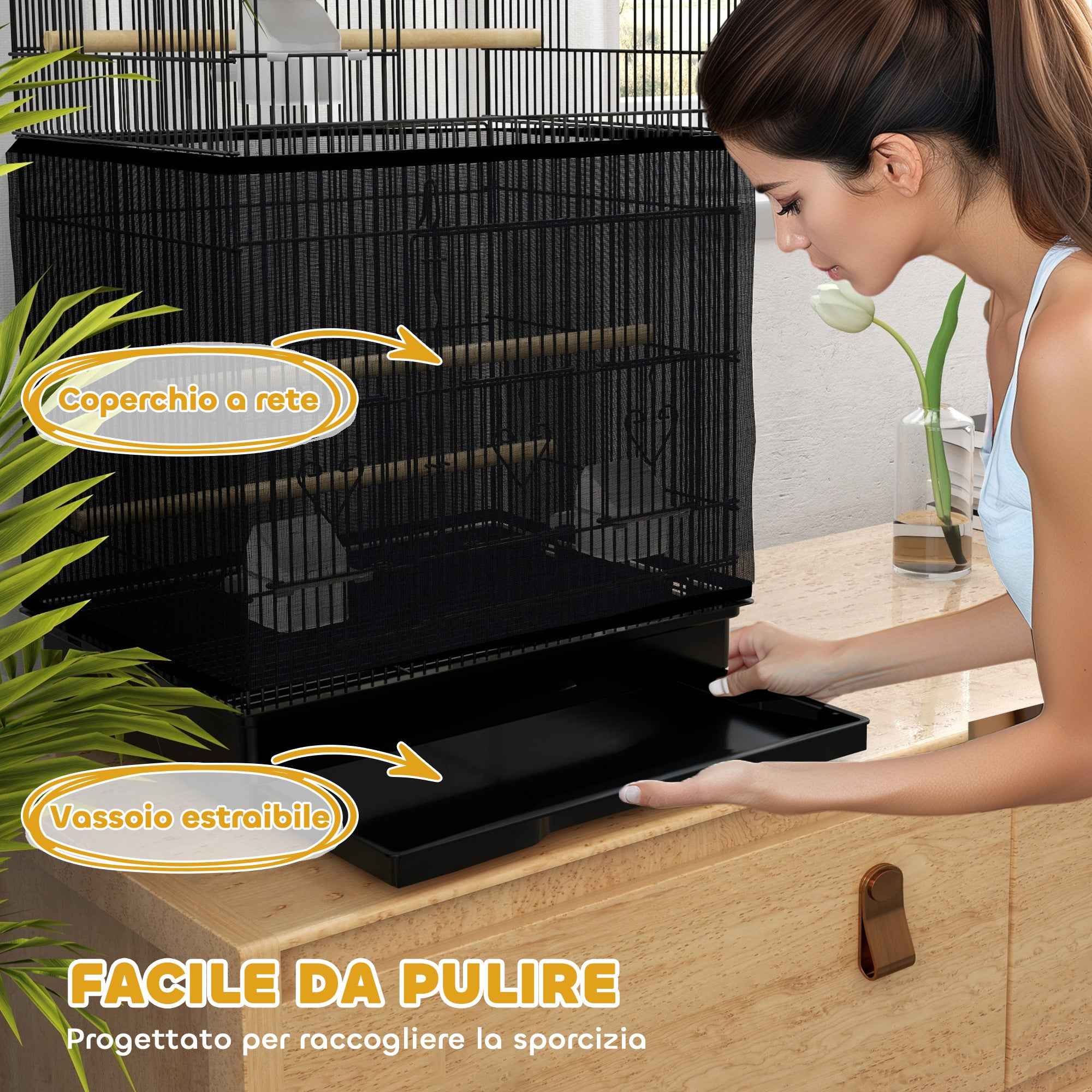 PawHut Bird Cage with Handle, Removable Tray, Wooden Perches, Swing and Bowls, 46.5x35.5x92cm, Black