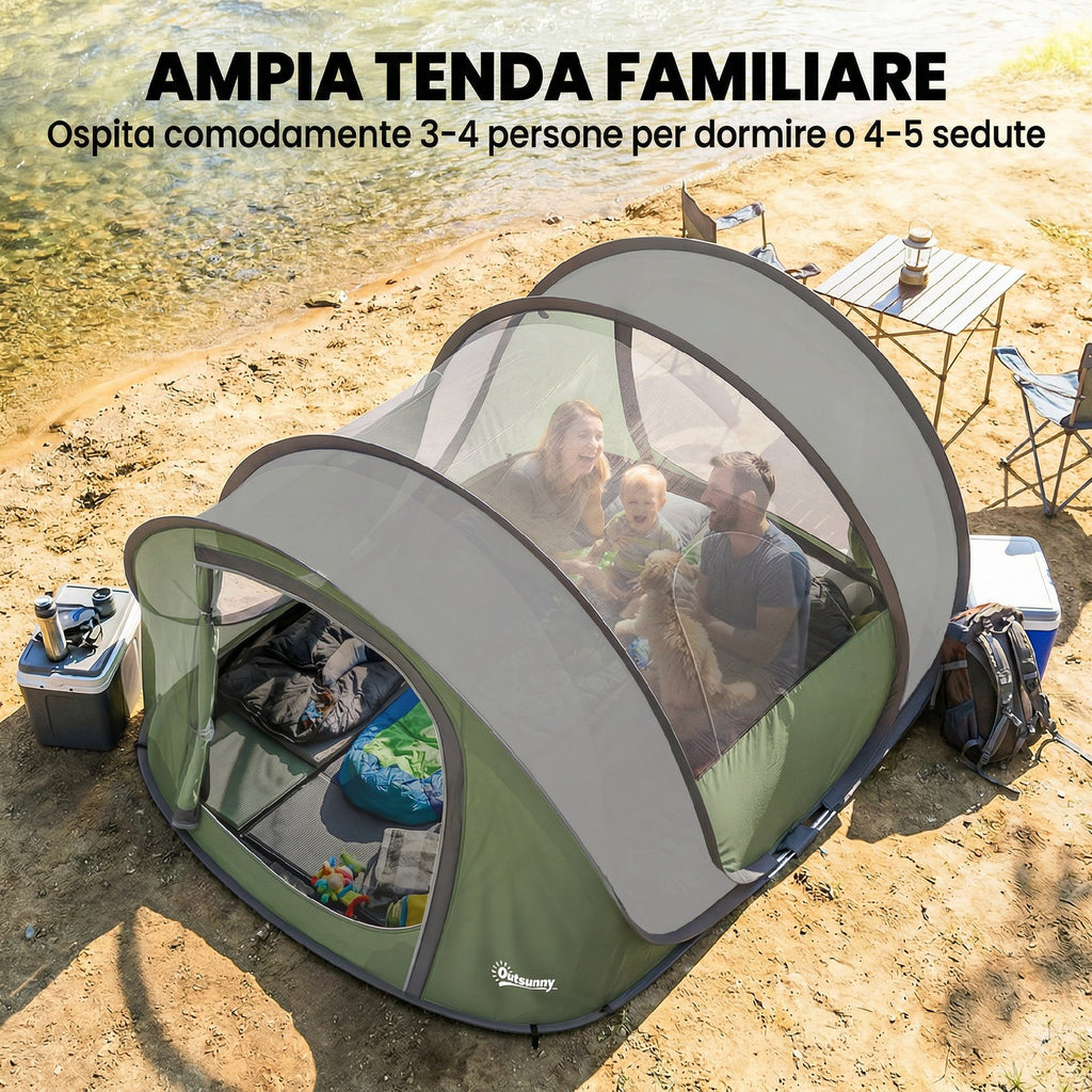 Outsunny Pop-Up Camping Tent for 2-3 People, 2 Doors, 2 Windows, Waterproof, Green