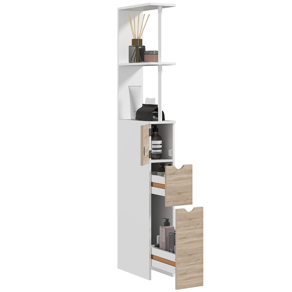 Space-saving bathroom column cabinet with cabinet, shelves and drawers, 15x33x136 cm, wood color