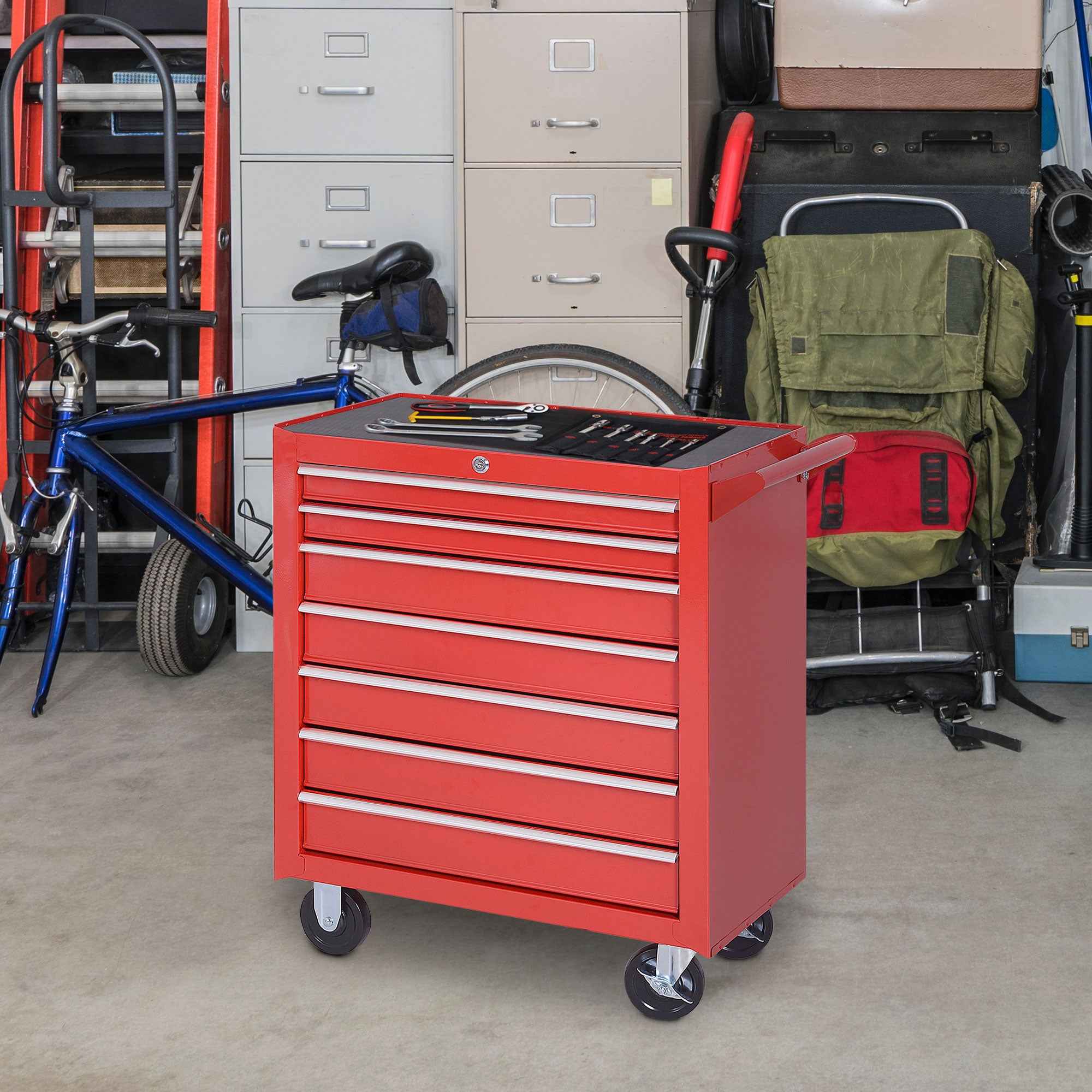 DURHAND Tool Cart with 7 Drawers, EVA Mats, Lock and 2 Keys, Wheels with Brakes, Handle, Red