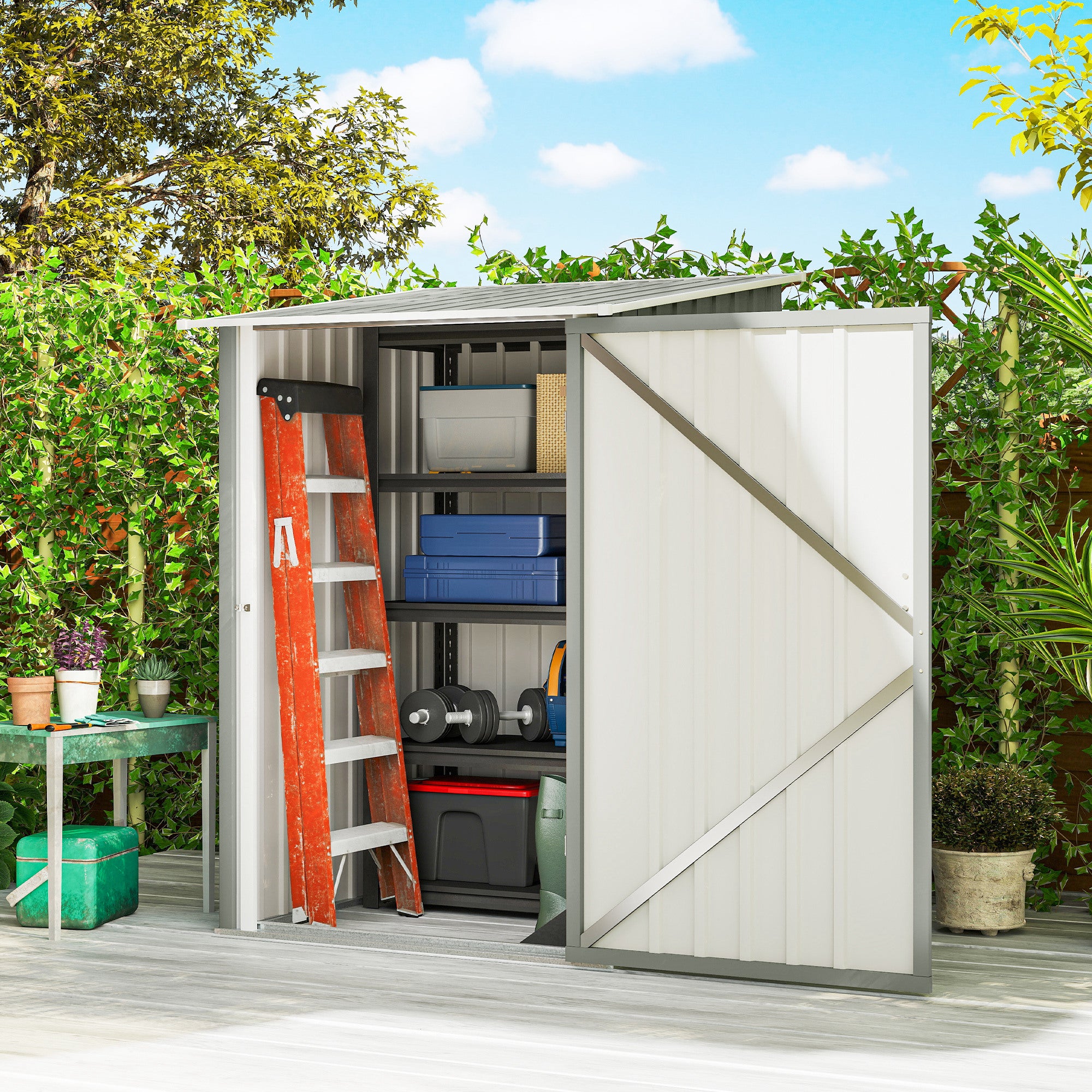 Outsunny Galvanized Steel Garden Shed with Door, 100x104x160 cm, Light Grey