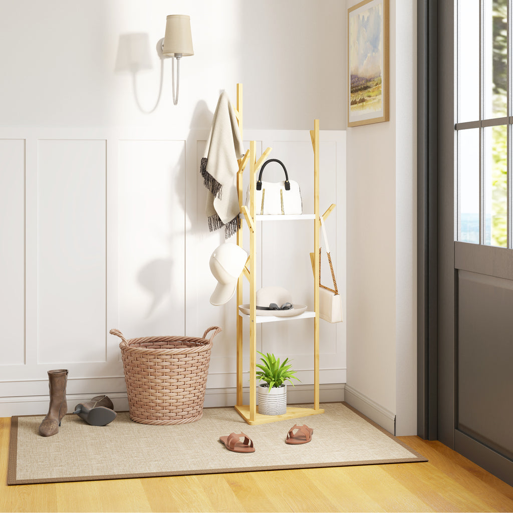 Tree Clothes Hanger in Bamboo with 8 Hooks and 3 Shelves, Natural Wood and White