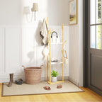 Tree Clothes Hanger in Bamboo with 8 Hooks and 3 Shelves, Natural Wood and White