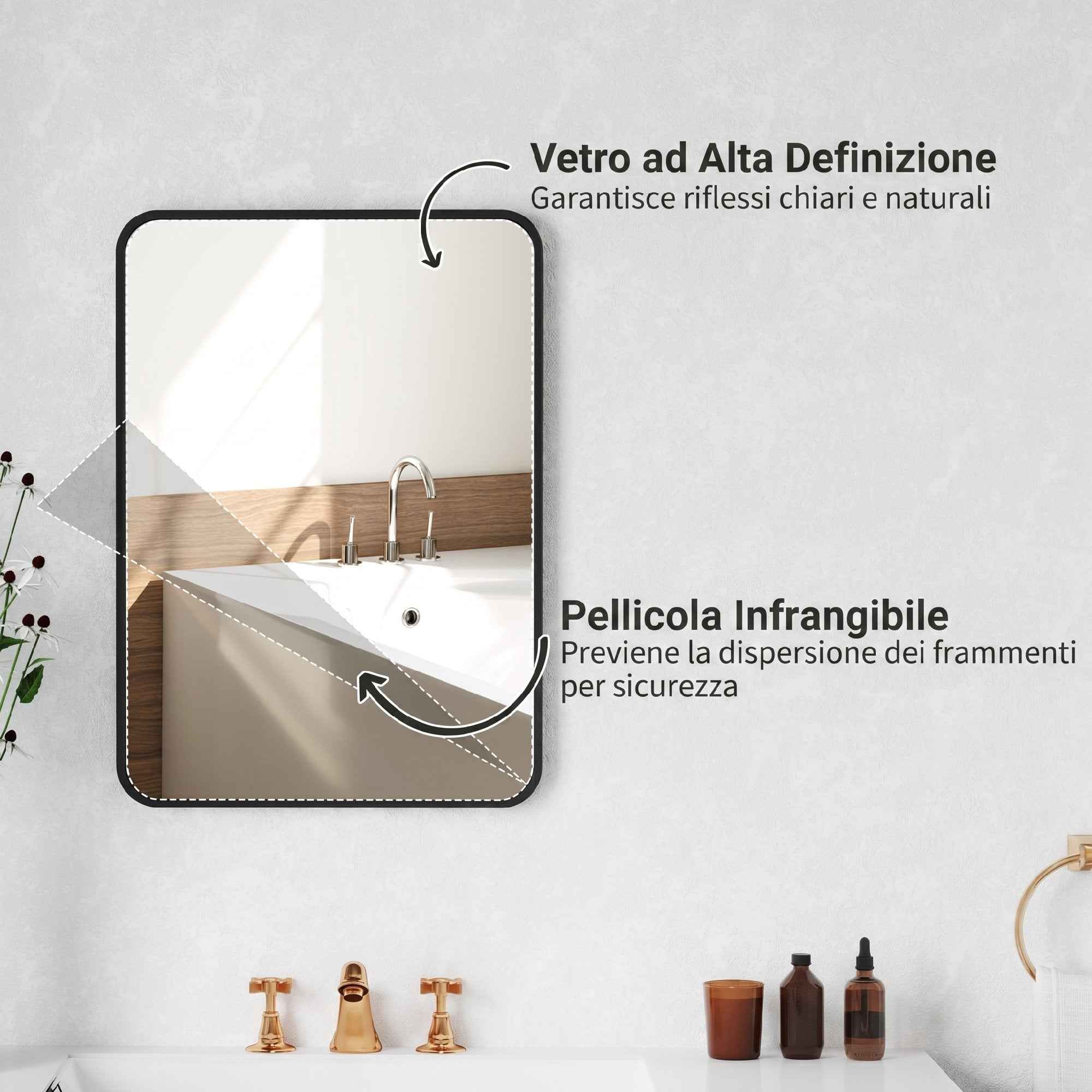 HOMCOM Bathroom Mirror with Metal Frame and Hook, 50x2.5x70 cm, Black