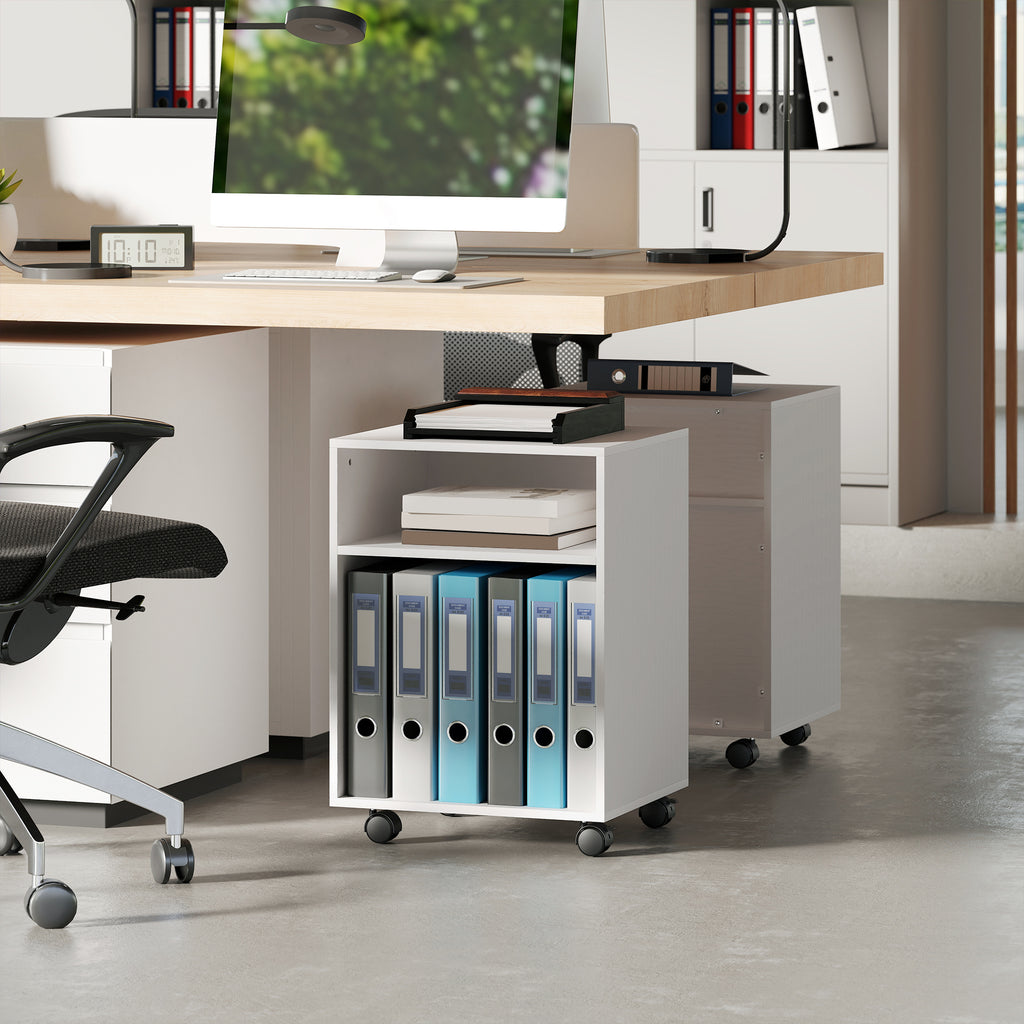 Printer Stand with Wheels and 2 Open Wooden Shelves, 40x35x55.5 cm, White