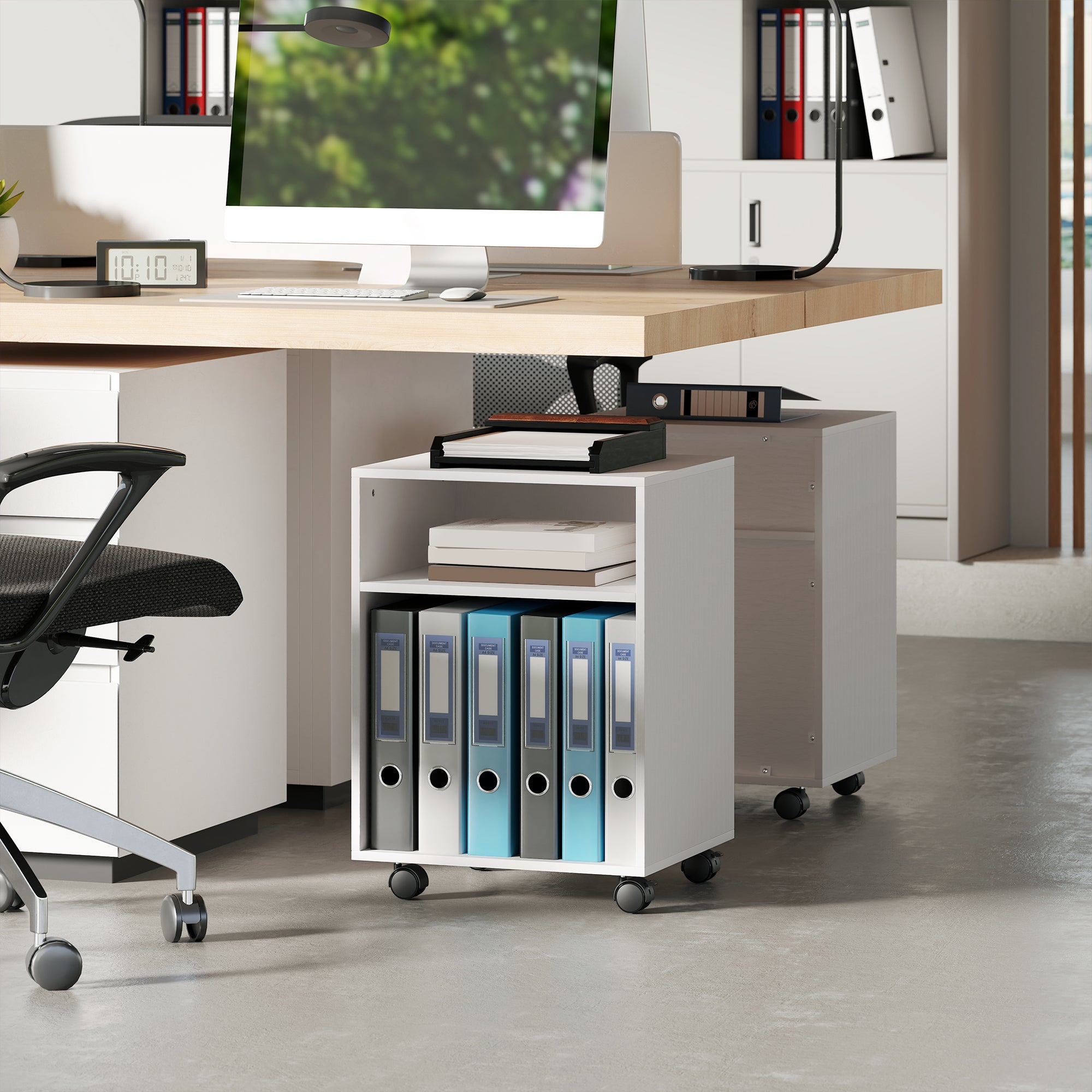 Printer Stand with Wheels and 2 Open Wooden Shelves, 40x35x55.5 cm, White