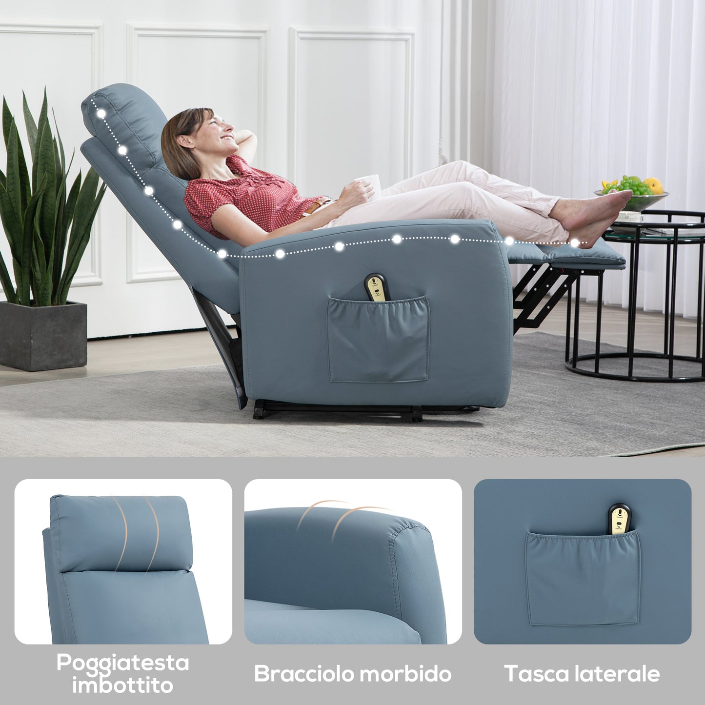 145° Reclining Lift Chair with Remote Control and Footrest, PU Leather Blue, 67x95x105 cm