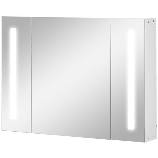 kleankin Bathroom Mirror Cabinet with 3 Cabinets, 3 Shelves and LED Light, 90x15x65 cm, White