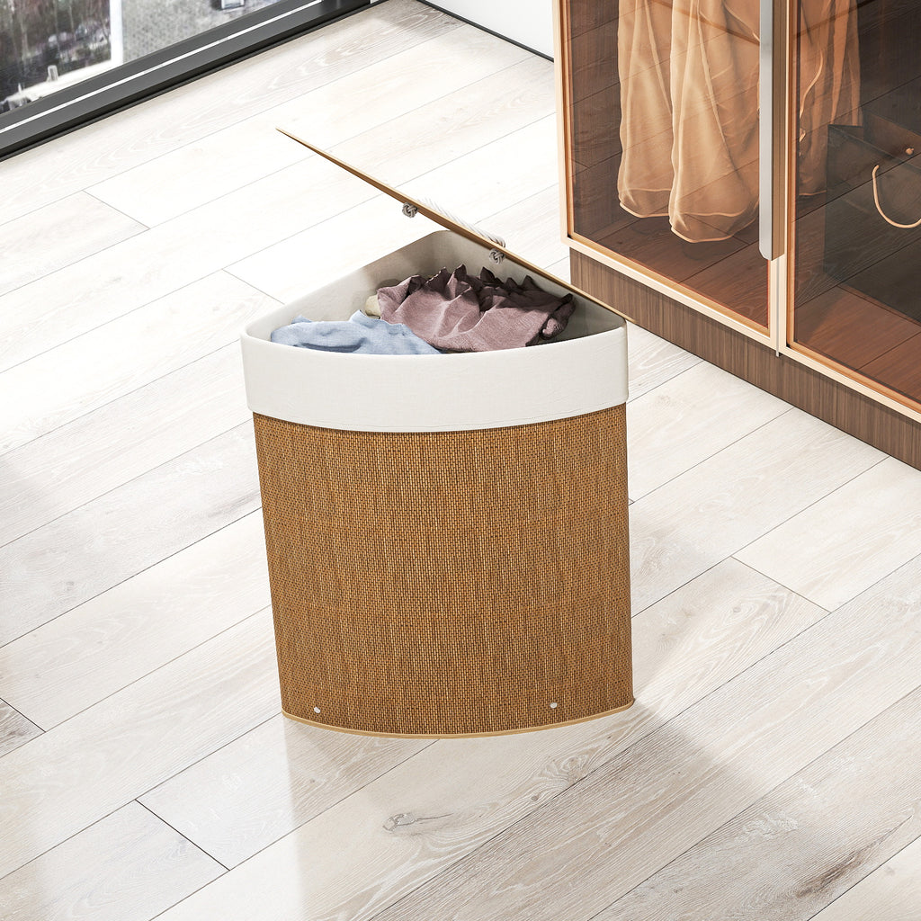 55L Corner Bamboo Laundry Hamper with Removable Bag and Removable Lid, 35x35x60 cm, Brown