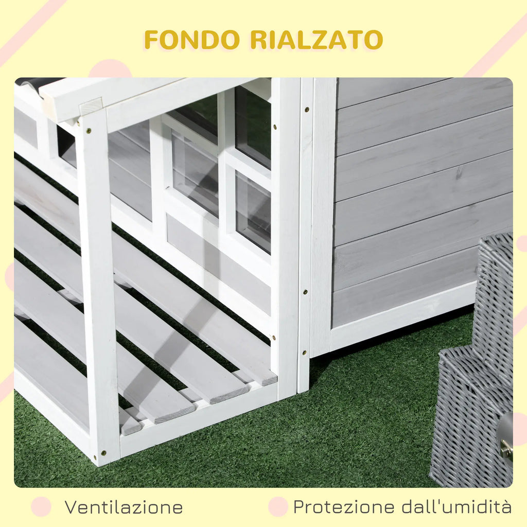 Outdoor Dog Kennel in Wood and PVC with Porch and Windows, 126x118x105cm, Grey - Borge' Group Limited