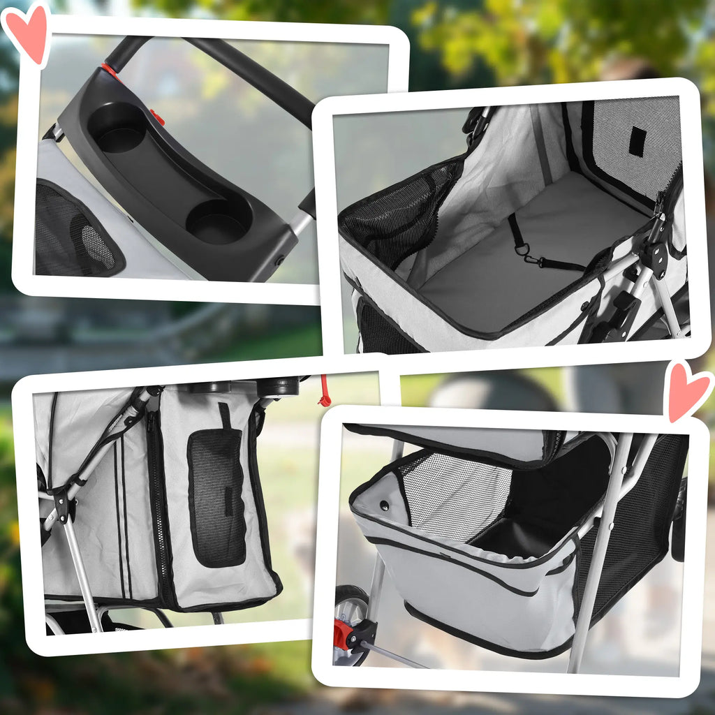 Folding Dog Stroller with Cup Holder and Basket, Steel and Polyester, 75x45x97 cm, Grey - Borge' Group Limited