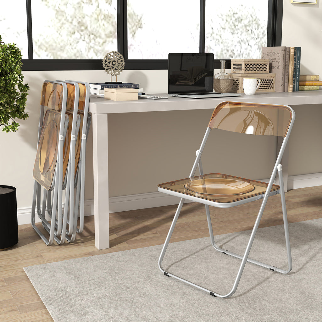 Set of 4 Space-Saving Folding Chairs for Living Room and Events, Steel and Acrylic, Orange