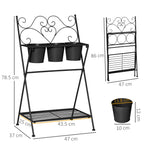 Folding Metal Plant Stand with 3 Pots and Bottom Shelf for Home and Garden, 47x37x78.5cm, Black