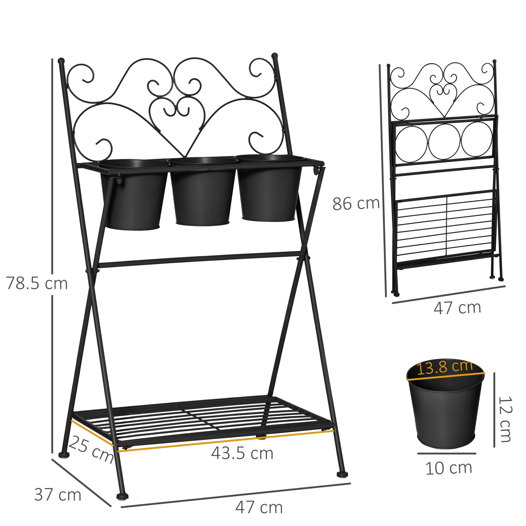 Folding Metal Plant Stand with 3 Pots and Bottom Shelf for Home and Garden, 47x37x78.5cm, Black