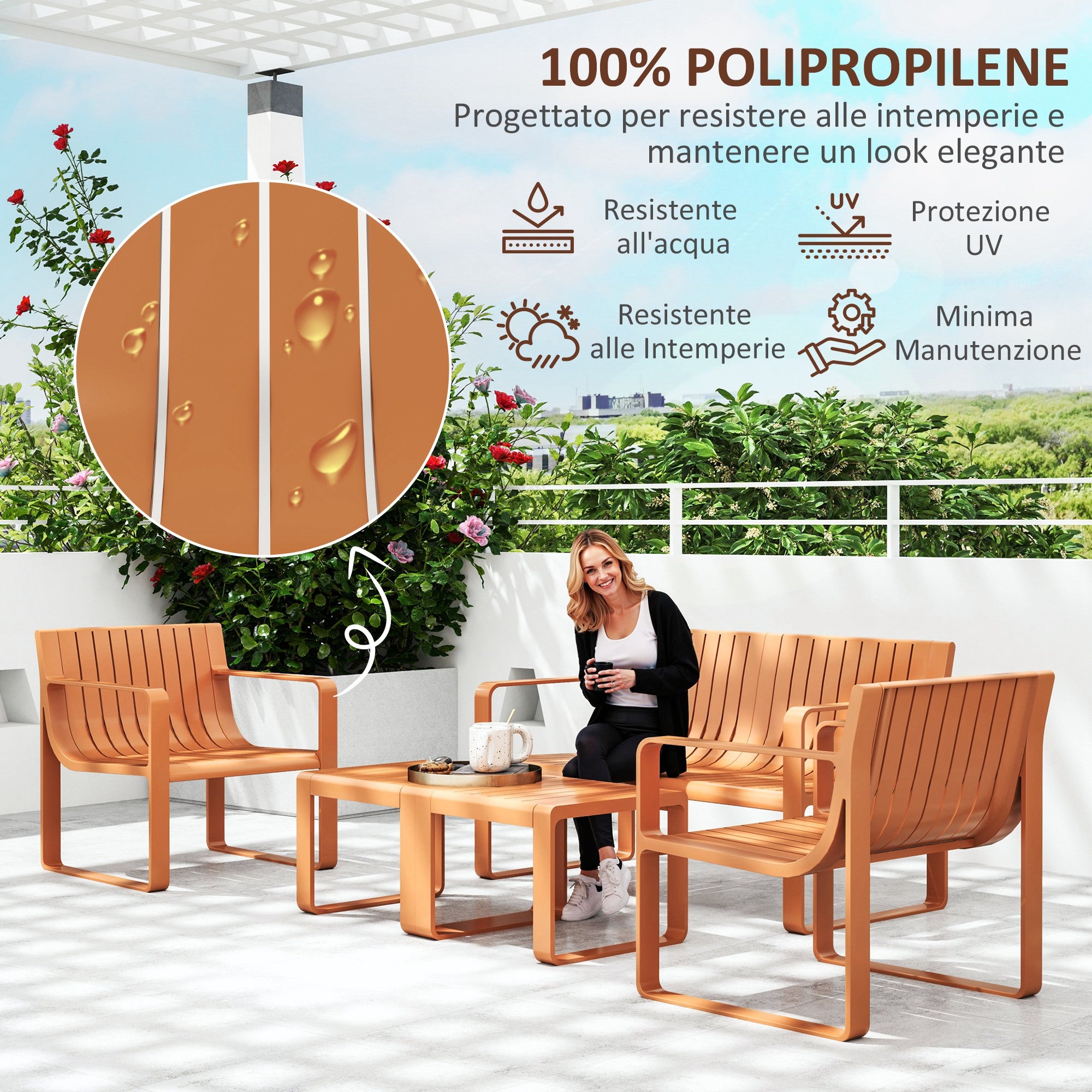 5 Piece Slatted Garden Set with Sofa, 2 Armchairs and 2 Coffee Tables in Orange Polypropylene