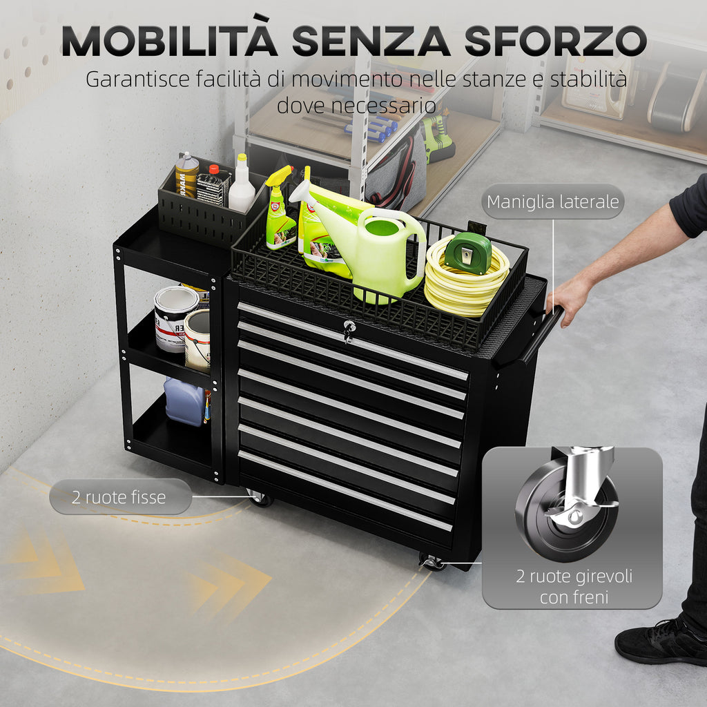 HOMCOM Steel Tool Cart with 7 Drawers, Detachable Side Shelf, Wheels, 120kg Capacity, Black