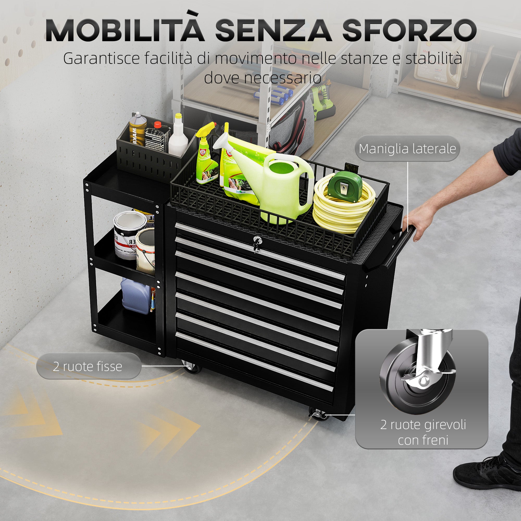 HOMCOM Steel Tool Cart with 7 Drawers, Detachable Side Shelf, Wheels, 120kg Capacity, Black