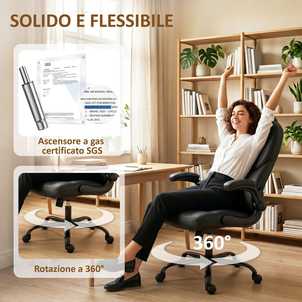 HOMCOM Swivel Office Chair, Rocking Function, Foldable Armrests, High Backrest, Adjustable Height, Black