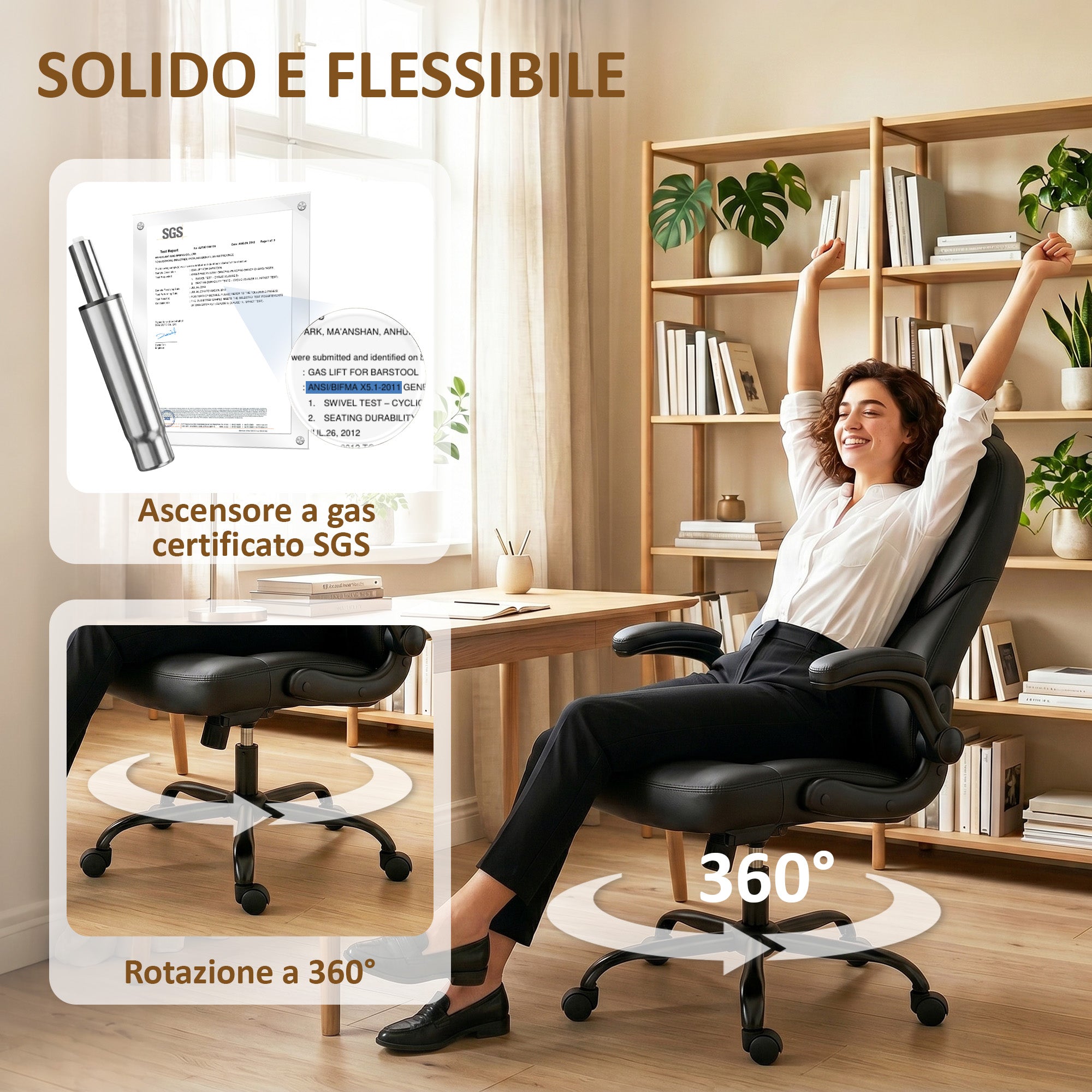 HOMCOM Swivel Office Chair, Rocking Function, Foldable Armrests, High Backrest, Adjustable Height, Black