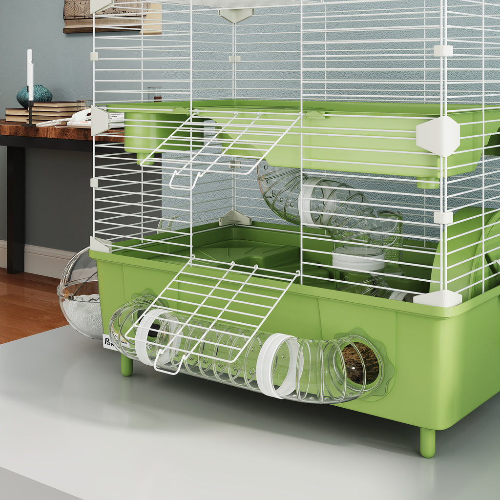 2-Tier 3-Door Hamster Cage with Wheel and Tubes, Steel, PS and PP, 44.5x28x44 cm, Green and White