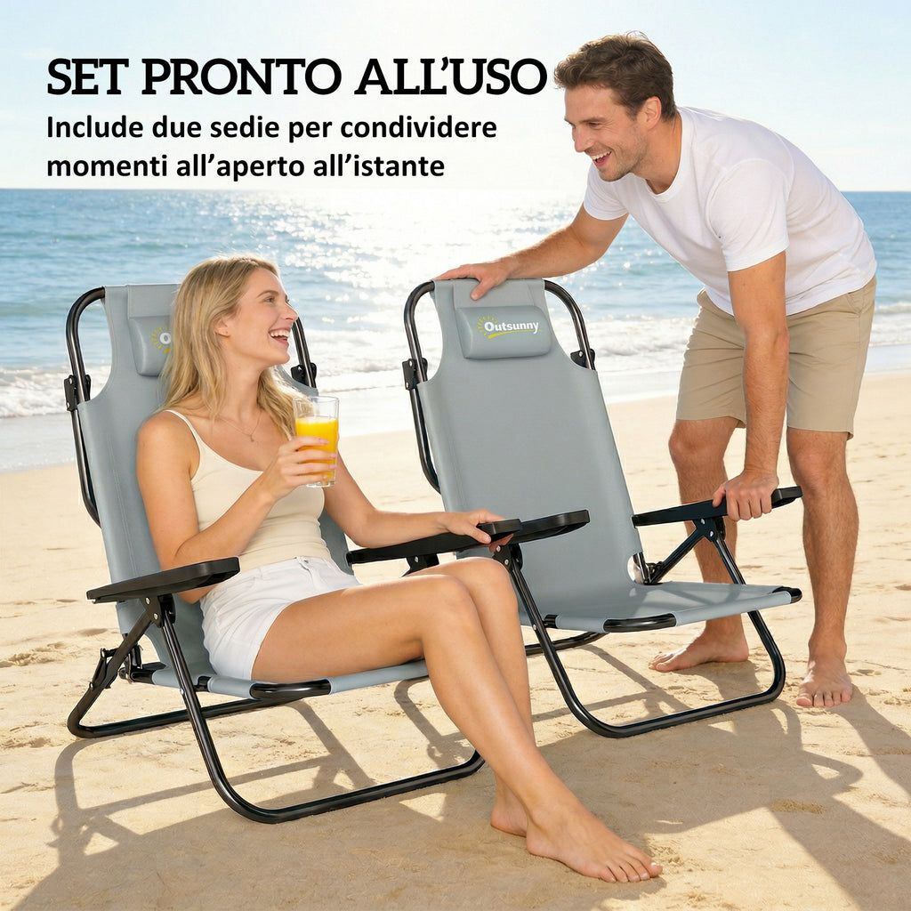Outsunny Set of 2 Portable Camping Chairs, Folding Beach Chairs, Adjustable Backrest, Light Grey.
