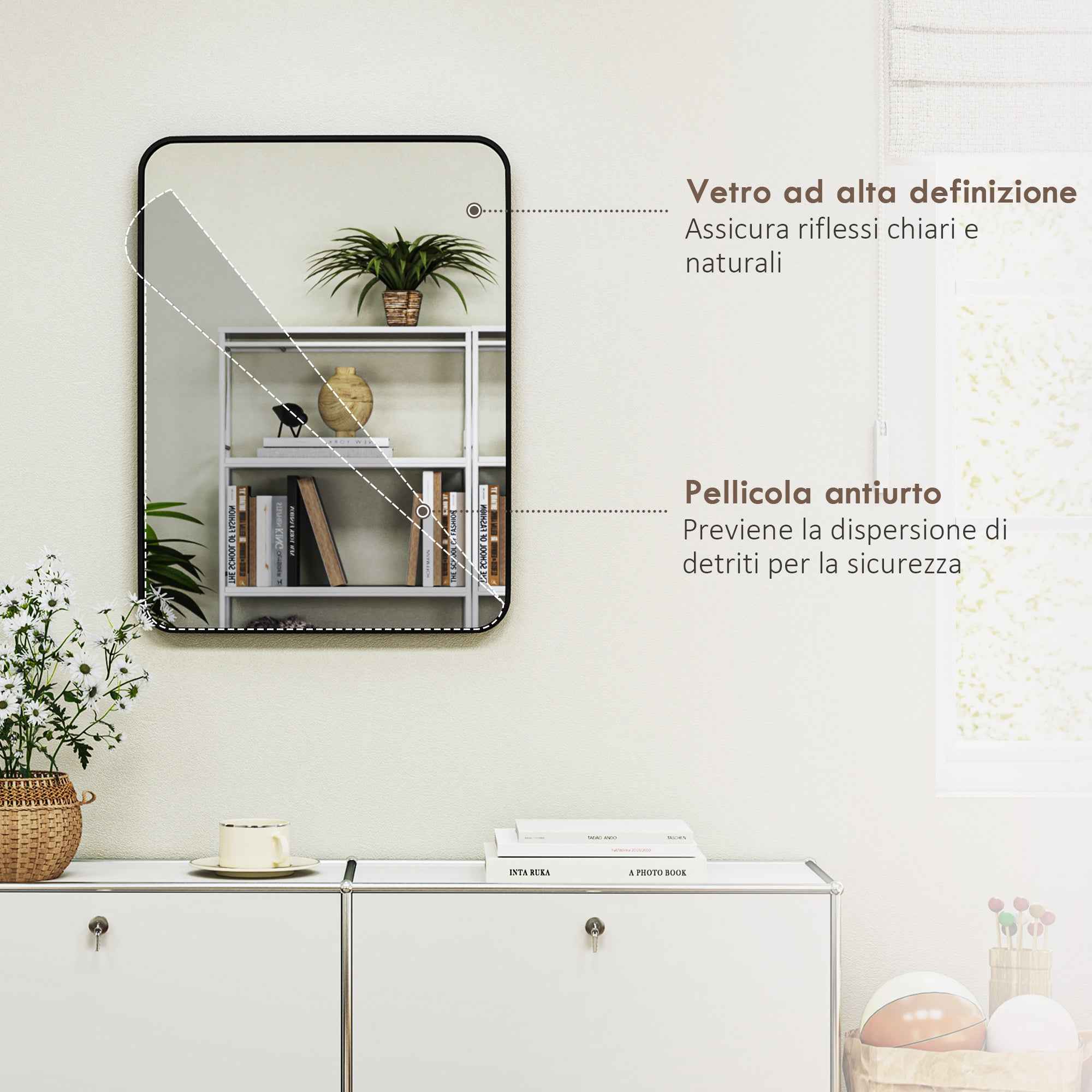 HOMCOM Bathroom Mirror with Metal Frame and Hook, 60x2.5x80 cm, Black