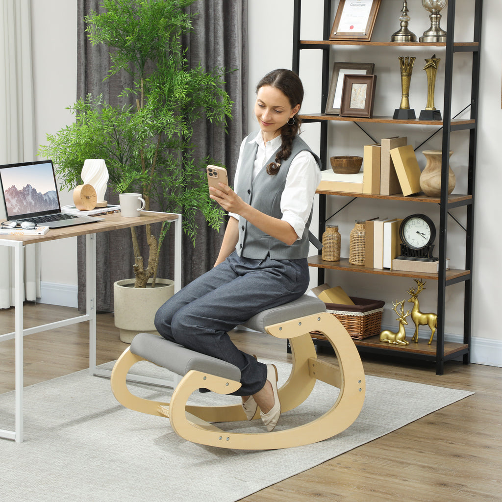 Ergonomic Kneeling Chair with Reclining Function, in Linen and Wood Effect Fabric, 55x85x55 cm, Light Grey