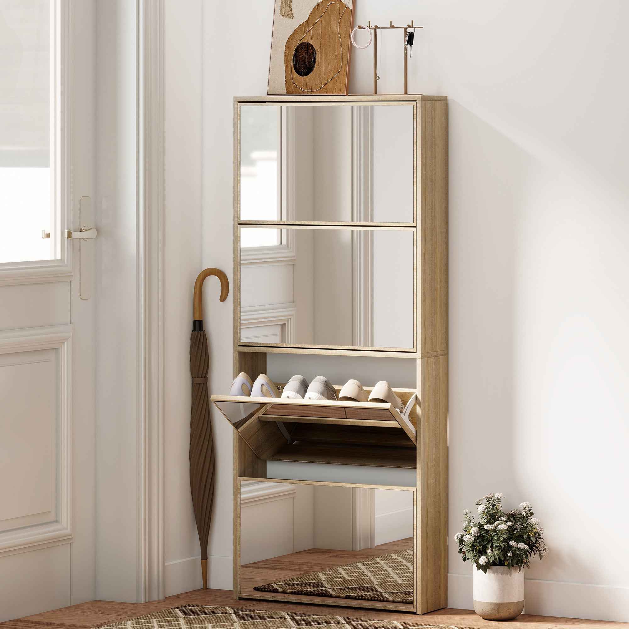 HOMCOM 4-Door Mirrored Shoe Rack, Anti-Tip, Wood Color, 63x17x146 cm