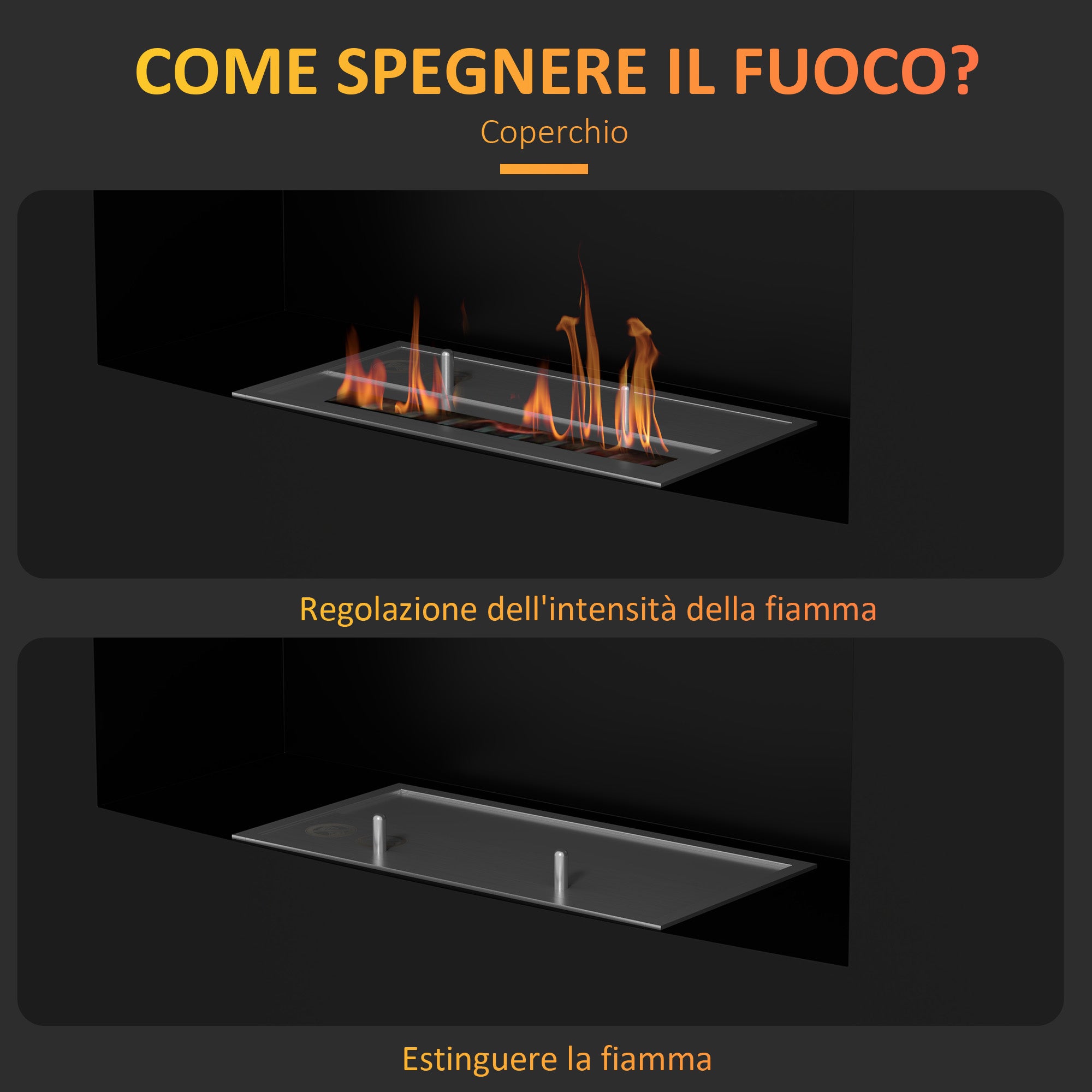 Built-in Bioethanol Fireplace in Steel, Duration 3.3 Hours and Capacity 0.9L, 66x16x52 cm, Black